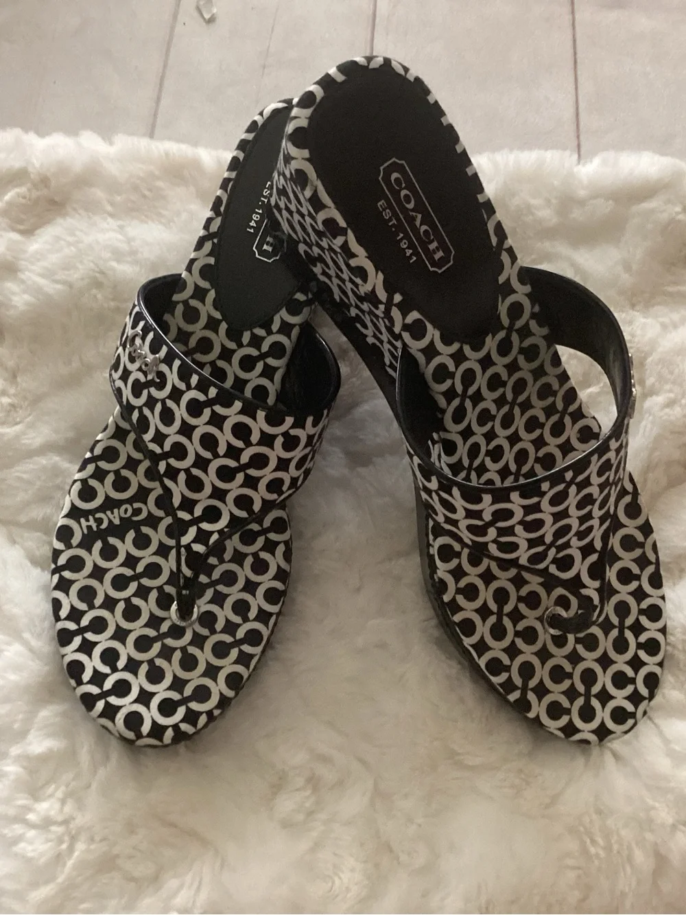 Coach Black & White Logo Platform Thong Sandals
